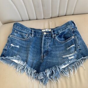 Free People We The Free Distressed Medium Blue Frayed Denim Shorts